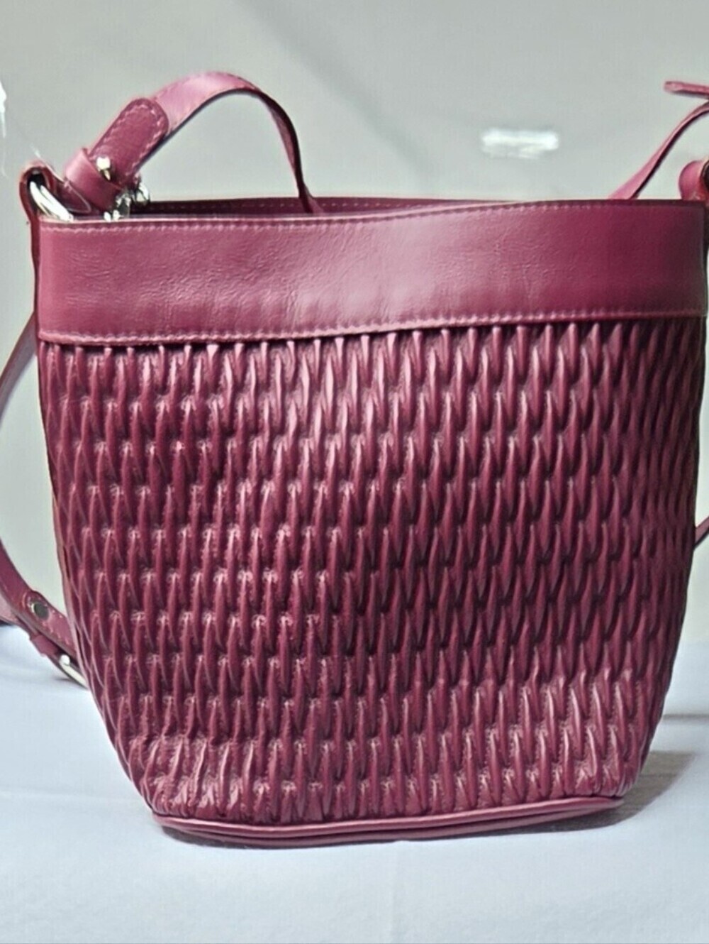 NWT Anna Paola Burgundy Italian Leather Woven Drawstring Bucket Bag Dual Strap